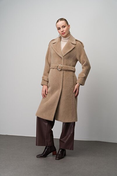 Olcay Angora Look Mink Coat - Snap Closure, Epaulette and Chain Accessories 3074