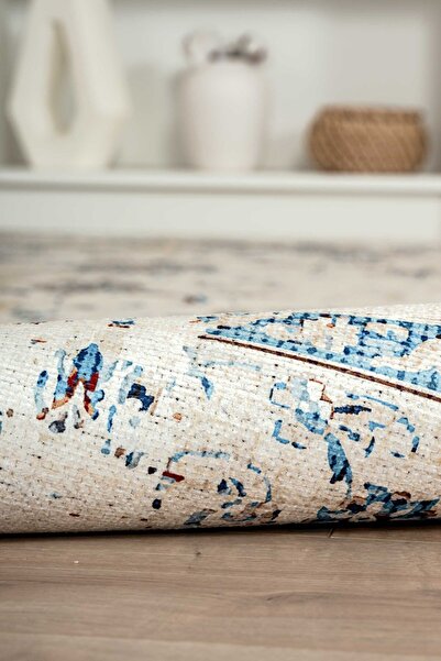 Serente Home Retro Desenli Yıkanabilir Kaymaz Taban Krem Mavi Şönil Mutfak Halısı 4066