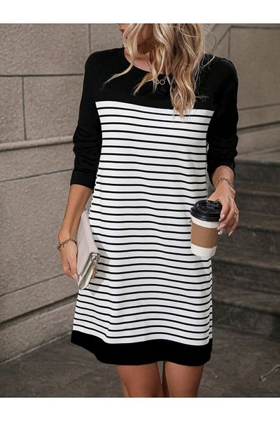 İpeksi Silky Women's Crew Neck Long Sleeve Striped Two Thread Fabric Mini Length Dress