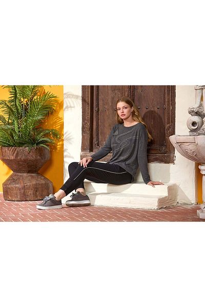 Cossy By Aqua 25225 Women's Anthracite Print Detailed Cotton Sports 2-Piece Bottom Top Set