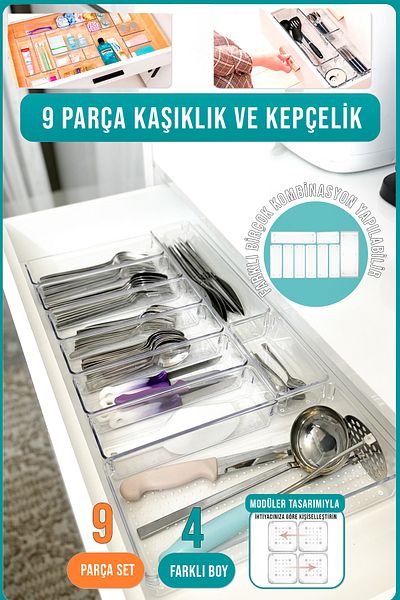 FİTHOME 9-Piece Modular Spoon and Scoop Organizer Organizer Can Be Used in Two Drawers