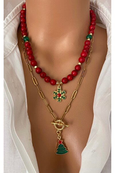 TARZ-I TAKI قلادة مزدوجة من الحجر الطبيعي للنساء من المرجان الأحمر مع سلسلة