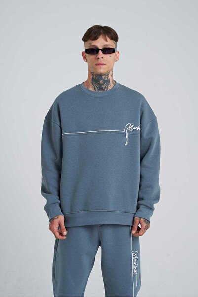 Machinist Мъжка бродирана синя суитшърт с голям размер