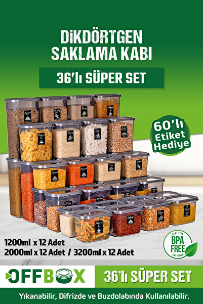 OFFBOX 36Pcs 72 Pieces 1.2-2.0-3.2 Liter Rectangular Food Ranger Storage Container Set with 60 Labels Dowry Set