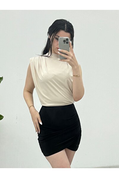 Modamorfo Beige Sandy Blouse - Zero Sleeve and Wadded Detail