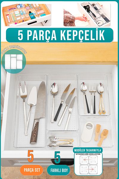 FİTHOME 5 Pieces Modular Drawer Organizer Ladle and Knife Organizer