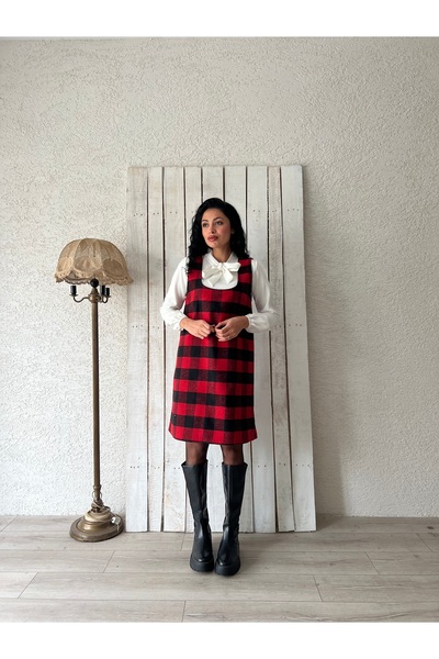 KÜÇÜĞÜM BUTİK Red Checker Pattern Square Neck Short Gilet Dress (Short)