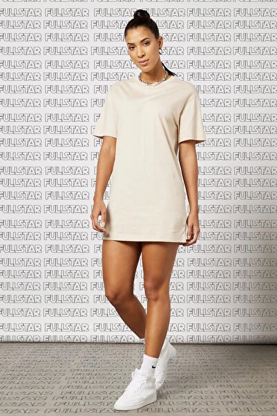Nike Sportswear Organic Cotton Short Sleve Dress Nakış Swooslu Bej Elbise