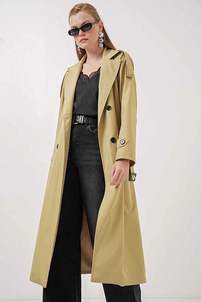 hazelin Oil Green Double Breasted Trench Coat with Belt and Lining, Seasonal Hzl25W-Bd 159411