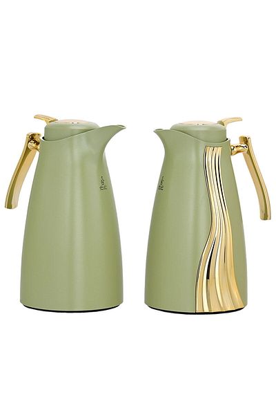 Alsaif Gallery Dark Green And Gold Karma Thermos Set, 1 Liter, Two Pieces