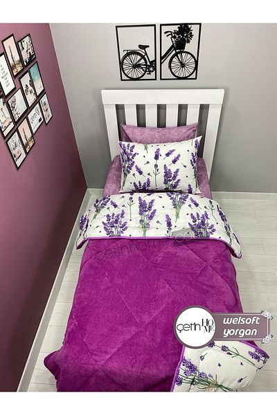 Çetinhome Single Reversible Welsoft Quilt with Pillow Case Soft Surface 155x215cm Lavender Purple