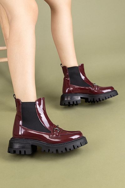 Getcho Mephen γυναικεία λουστρίνι με χοντρή σόλα Claret Red Boots με αγκράφα Ελαστική κομψή χειμερινή μοντέρνα μοντέρνα άνετη σόλα