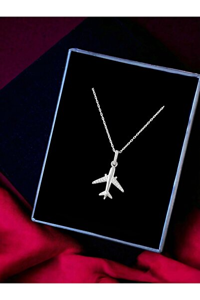 Alaja Silver Uçak Beyaz Taşlı Tasarım 925 Ayar Gümüş Kolye