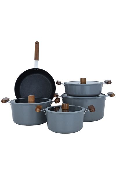 Tornado Dark Gray Ceramic Pots Set With Glass Lid, 9 Pcs