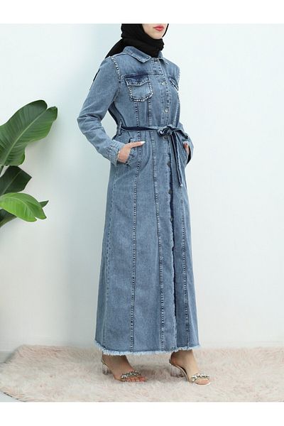 Modamorfo Rochie din denim cu piatră albastră - cu cravată în talie și buzunare