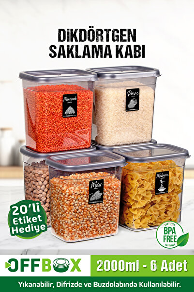 OFFBOX 6 Adet 12 Parça Dikdörtgen 2 Litre Erzak Bakliyat Saklama Kabı Çeyiz Seti 20 Etiket Hediyeli