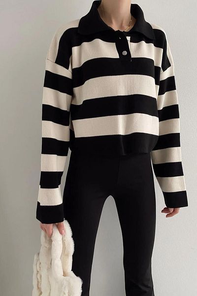 misigo Pulover CROP CU BUTON CU GULER DE POLO NEGRU-ECRU