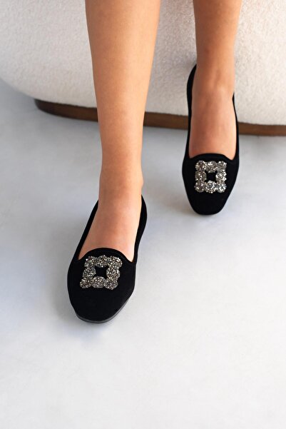 Beyond Γυναικείες μαύρες μπαλαρίνες Cardif Square Bockle Velvet Home 1cm Byndshr03