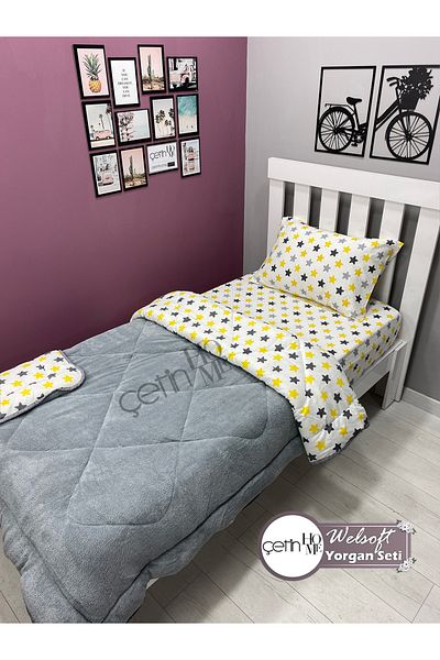 Çetinhome Single Reversible Welsoft Quilt with Pillow Case Soft Surface 155x215cm Yellow Star