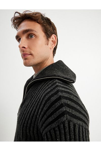 Koton Striped Long Sleeve Half Zipper Knitwear Sweater