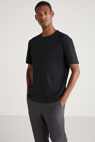 GRIMELANGE Greg Men's Slim Fit Long Length Ultra Flexible Cotton Lycra Black T-shirt