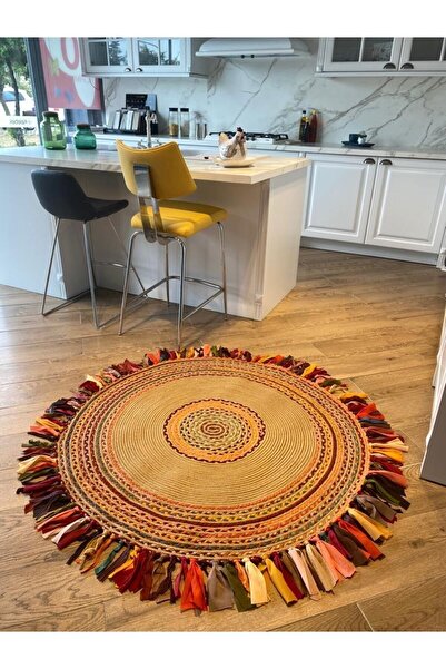 Halımax Milda 15 Jüt Hasır Örgü Bohem Çift Taraflı Kilim Dekoratif Renkli Yuvarlak Jüt Halı