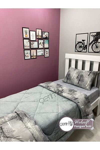 Çetinhome Single Reversible Welsoft Quilt with Pillow Case Soft Surface 155x215cm Wood Gray
