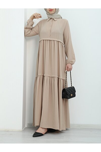 Modamorfo Φόρεμα με μισό κουμπί σε μπεζ χρώμα - Ελαστικό μανίκι