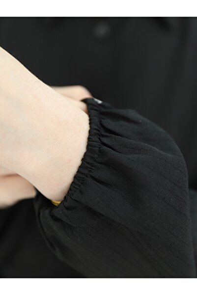 Modamorfo Φόρεμα με μισό κουμπί και ελαστική μανίκια -Μαύρο