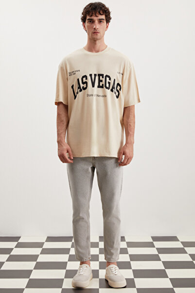 GRIMELANGE Ανδρικό μπλουζάκι Noris Regular Fit 100% βαμβάκι με στάμπα μπεζ