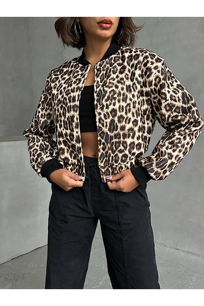 Miss Allos Jachetă bomber cu garnitură neagră cu model leopard de damă