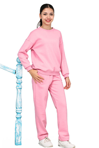 ERDEM KIDS Kız çocuk 3 iplik şardonlu içi pamuklu basic bisiklet yaka eşofman takımı