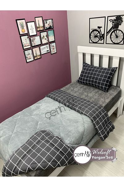 Çetinhome Single Reversible Welsoft Quilt with Pillow Case Soft Surface 155x215cm Square Anthracite