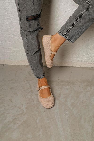Beyond Women's Beige Mary Jane Teddy Plush Single Band Daily Ballerina Ballerina Ballerina Byndmj01
