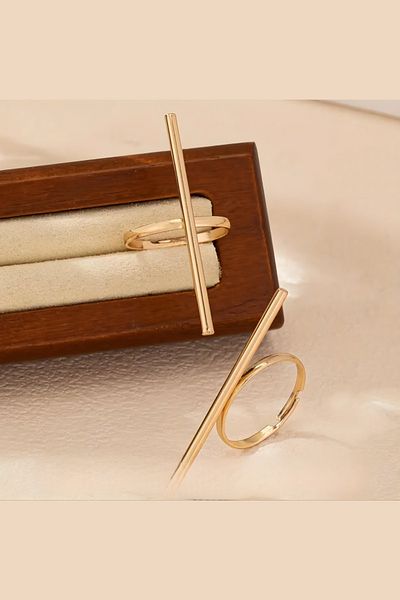 ELMATOLYE Stylish Minimalist Gold Ring Set - Women'S, Stick Horizontal Vertical Line, Steel Double Coiled Design