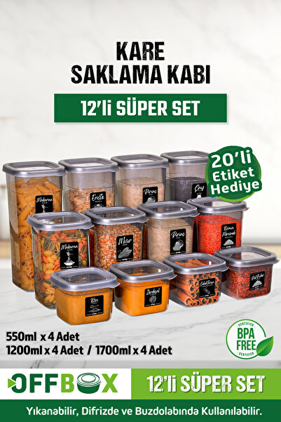 OFFBOX 12 Li Kare Erzak Bakliyat Saklama Kabı Seti Baharatlık Mutfak Çeyiz Seti 20 Etiket Hediyeli Set-1k