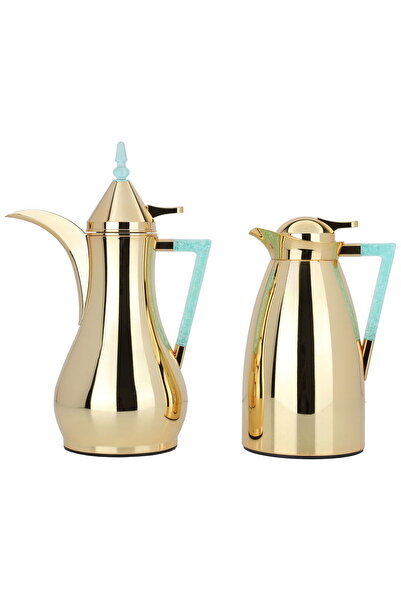 Alsaif Gallery Maha Golden Thermos Set With A Light Green Crystal Handle, Two...
