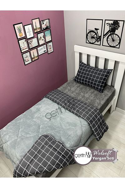 Çetinhome Single Reversible Welsoft Quilt with Pillow Case Soft Surface 155x215cm Square Anthracite