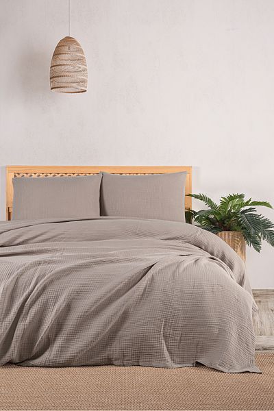 MYLASA HOME 4 Layer Muslin Double Bed Cover Set-230X250 Cm, Summer Pique & Pillow Case (3 Pieces)-Grey