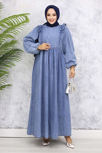 benguen Rochie din denim cu volane în față - Albastru 837-1