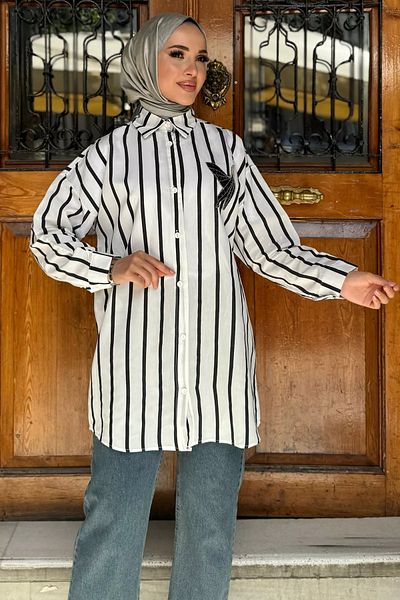 julude White and Black Stone Embroidered Striped Loose Hijab Tunic