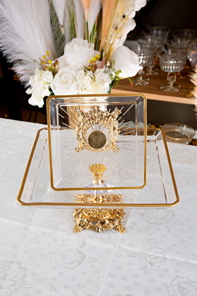 ARGKRİSTAL مادة معدنية مفصلة باللون الذهبي، مقاس 2، طبق عرض مربع الشكل، قطعتين