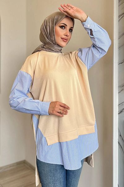 julude Μπεζ πουκάμισο Garnished Crew Neck Lycra Hijab Tunic
