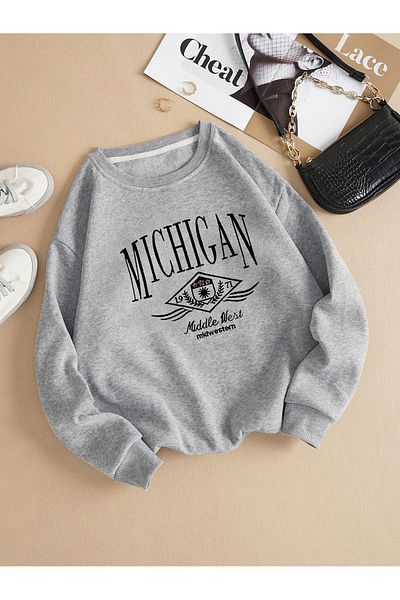 MODARİCH Φούτερ 1971 Michigan Oversize - Γκρι λαιμόκοψη, ανυψωμένο σχέδιο