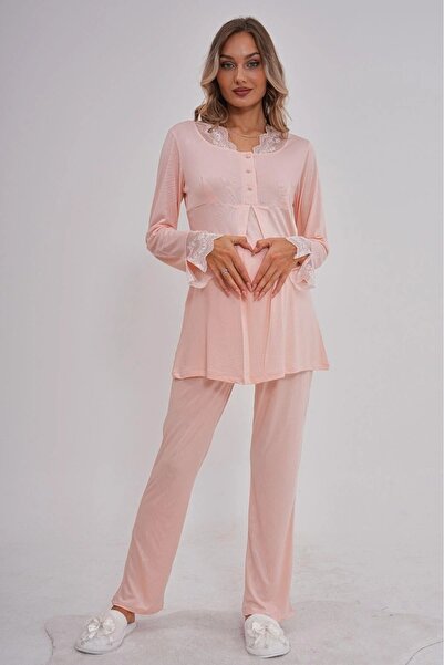BEYVİP Women's Powder Lace Special Design Long Sleeve Cotton Maternity Matern...