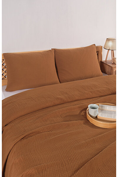 MYLASA HOME 4 Katlı Müslin Çift Kişilik Yatak Örtüsü Seti-230x250 Cm,yazlık Pike & Yastık Kılıfı (3 PARÇA)-camel