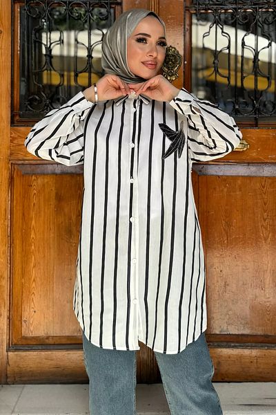 julude White and Black Stone Embroidered Striped Loose Hijab Tunic