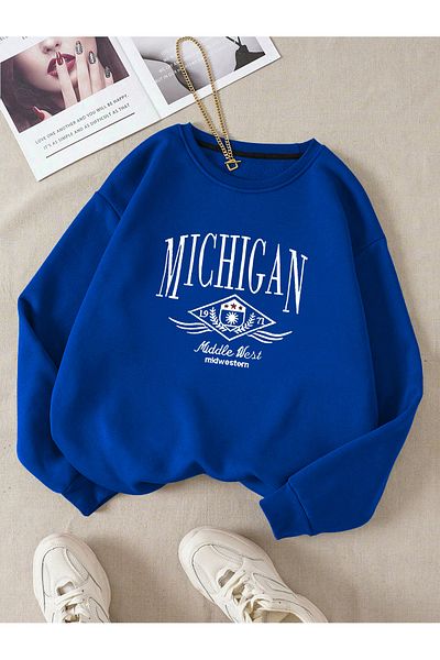 MODARİCH Hanorac Michigan 1971 - Gâtul de bicicletă supradimensionat cu imprimeu albastru Sax