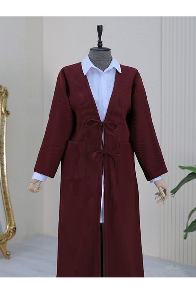 Modamorfo Bag Pocket Front Lace up Ribbed Long Knitted Cap - Burgundy