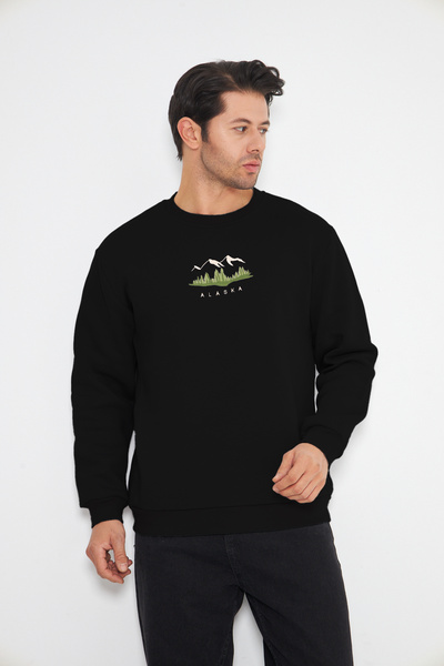 Northlight Unisex Siyah Mountains Nakışlı Bisiklet Yaka İçi Yumuşak Polarlı Oversize Sweatshirt